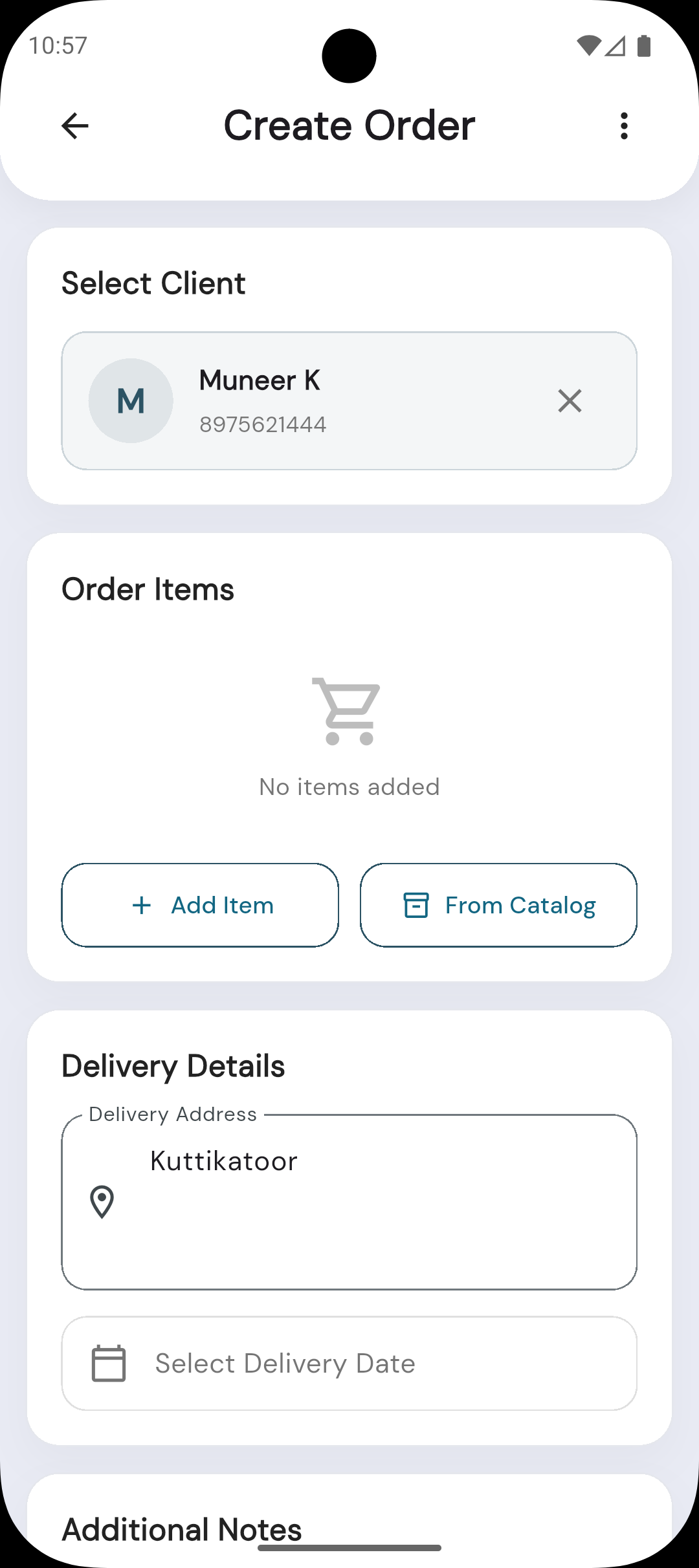 Create Order screen