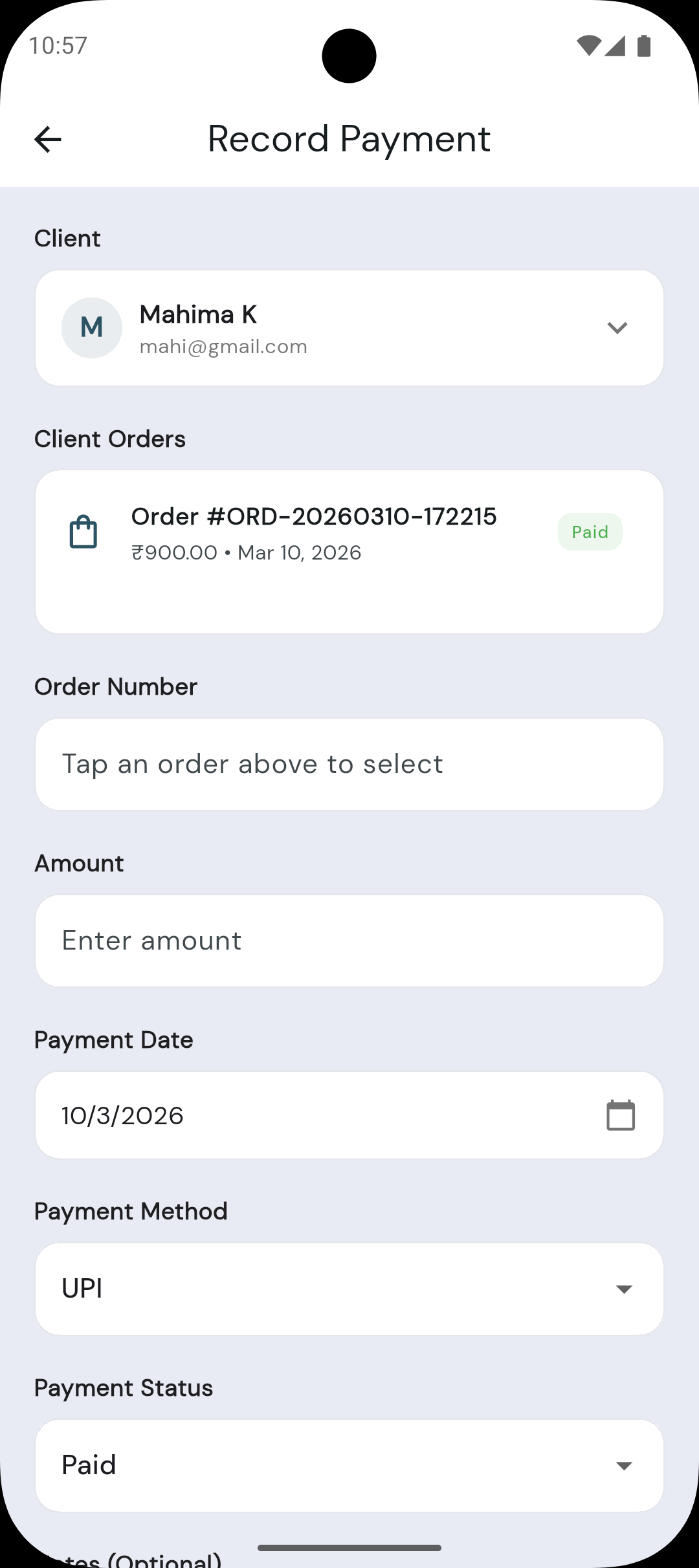 Record Payment screen
